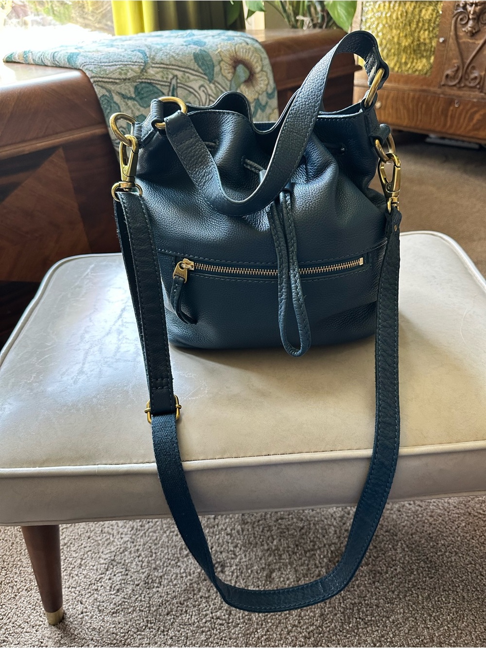 Fossil Vickery Drawstring Bucket Peacock Blue w/ Brass Gold Hardware Crossbody